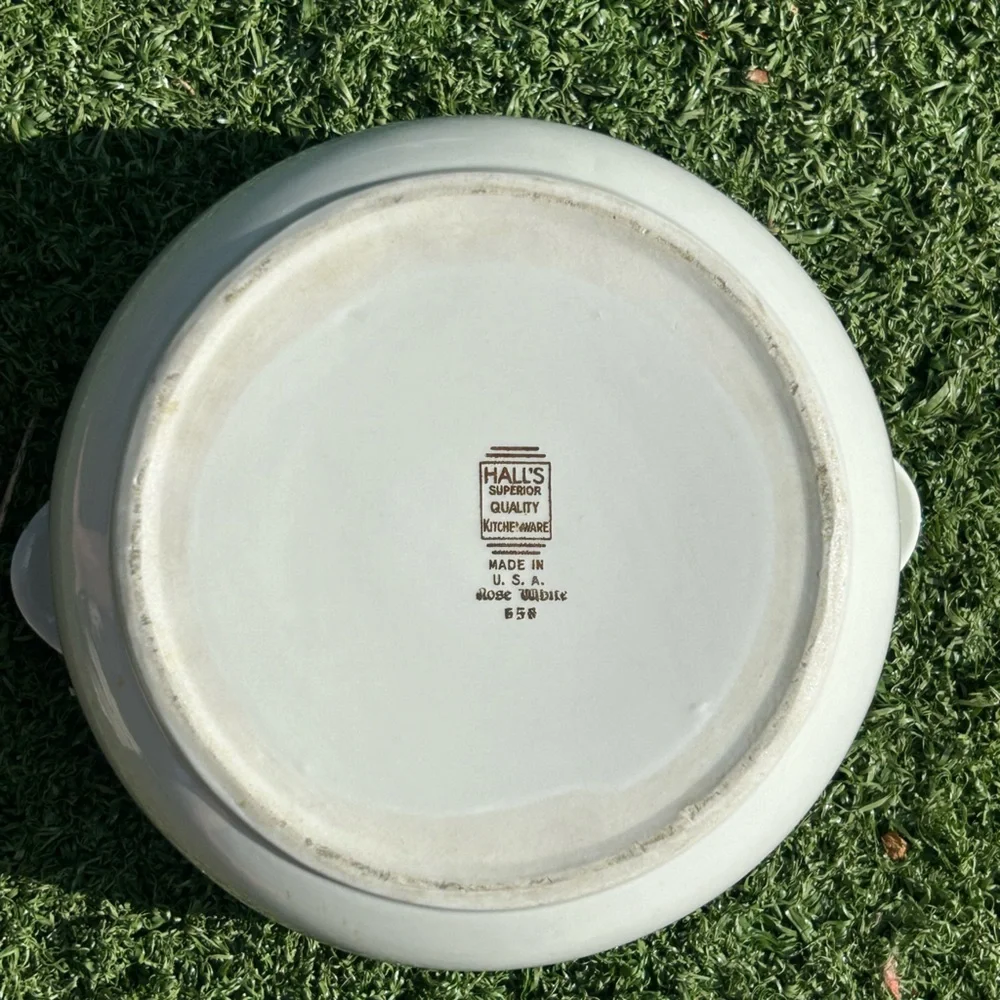 Vintage 1950s Halls Rose White 658 Stoneware Casserole Dish & Lid MCM Made USA